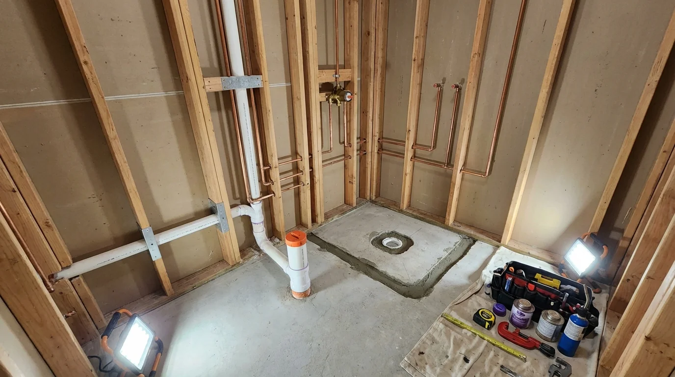 Bathroom rough-in plumbing during remodel by Johns Plumbing LLC in Sea Girt