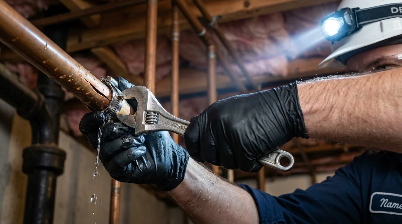 Emergency pipe clamp repair being performed by a Johns Plumbing LLC plumber in Sea Girt