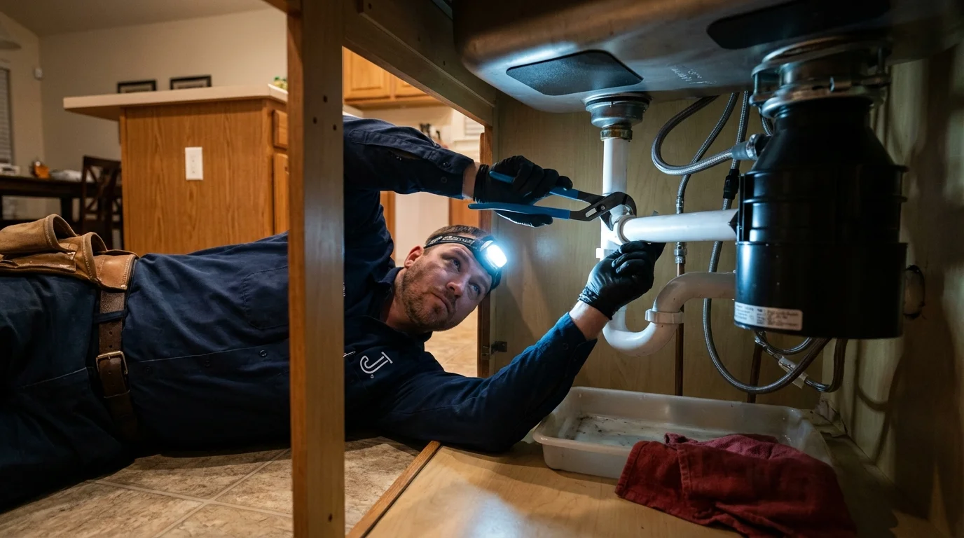 P-trap and supply line connections under a kitchen sink showing a common leak point in Sea Girt, NJ